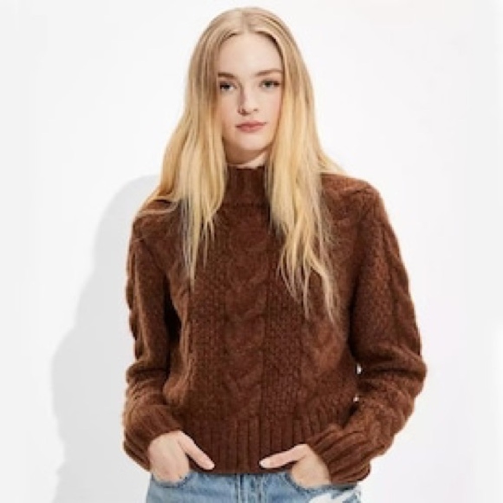 American Eagle Sweater Crop Mock Neck Brown